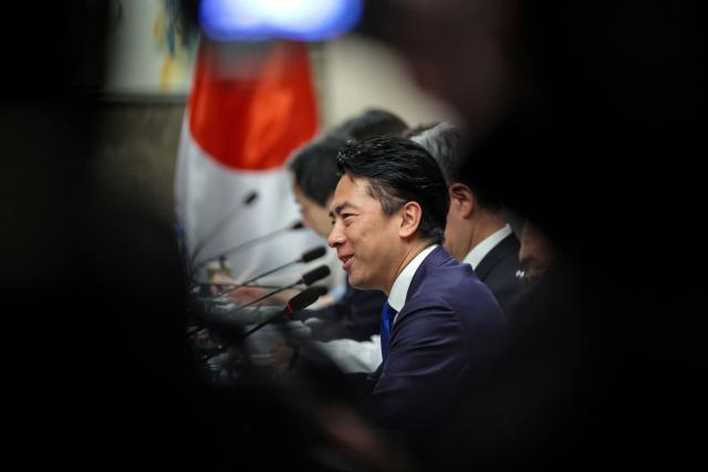 Japan's Defense Minister Shinjiro Koizumi takes part in a bilateral meeting with Philippines' Defense Secretary Gilbert Teodoro Jr. in Manila on May 5, 2026.  (Photo by MARK CRISTINO / AFP)