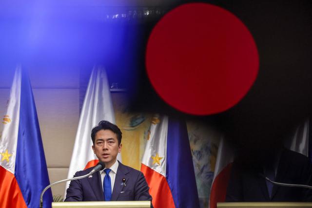 Japan's Defense Minister Shinjiro Koizumi speaks during a press briefing after a bilateral meeting with Philippines' Defense Secretary Gilbert Teodoro Jr. in Manila on May 5, 2026.  (Photo by MARK CRISTINO / AFP)