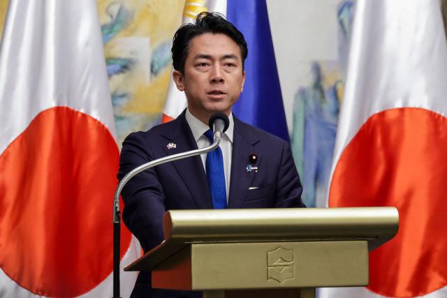 Japan's Defense Minister Shinjiro Koizumi speaks during a press briefing after a bilateral meeting with Philippines' Defense Secretary Gilbert Teodoro Jr. in Manila on May 5, 2026.  (Photo by MARK CRISTINO / AFP)