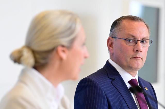 The co-leaders of Germany's far-right Alternative for Germany (AfD) party Alice Weidel (L) and Tino Chrupalla address a press conference on May 5, 2026 in Berlin, following a meeting of their party's parliamentary group. (Photo by John MACDOUGALL / AFP)