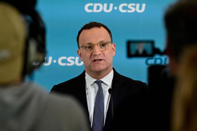 Jens Spahn, Parliamentary group leader of Germany's Christian Democratic Union (CDU), speaks to journalists prior to a meeting of the CDU/CSU Parliamentary group in the Bundestag in Berlin on May 5, 2026. (Photo by John MACDOUGALL / AFP)