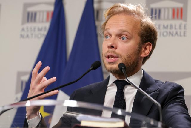 UDR's MP Charles Alloncle, rapporteur of a Public broadcasting inquiry commission (Commission d'Enquete sur l'Audiovisuel Public) addresses a press conference following the publication of the report of inquiry into the neutrality, operation and funding of public broadcasting, at the National Assembly in Paris on May 5, 2026. (Photo by Thomas SAMSON / AFP)