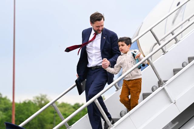 US Vice President JD Vance and his son Vivek exit Air Force Two upon arrival at Cincinnati/Northern Kentucky International Airport in Hebron, Kentucky on May 5, 2026. Vance is stopping in Ohio to vote in the state's primary election before continuing on to Oklahoma and Iowa. (Photo by Roberto Schmidt / POOL / AFP)