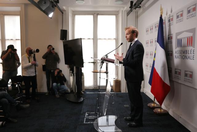 UDR's MP Charles Alloncle, rapporteur of a Public broadcasting inquiry commission (Commission d'Enquete sur l'Audiovisuel Public) addresses a press conference following the publication of the report of inquiry into the neutrality, operation and funding of public broadcasting, at the National Assembly in Paris on May 5, 2026. (Photo by Thomas SAMSON / AFP)