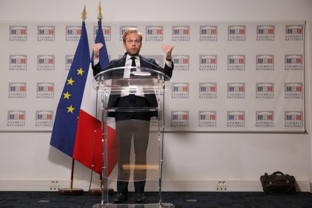 UDR's MP Charles Alloncle, rapporteur of a Public broadcasting inquiry commission (Commission d'Enquete sur l'Audiovisuel Public) addresses a press conference following the publication of the report of inquiry into the neutrality, operation and funding of public broadcasting, at the National Assembly in Paris on May 5, 2026. (Photo by Thomas SAMSON / AFP)
