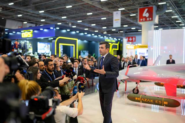 Turkey's defence company Baykar's Chief technology officer (CTO) Selcuk Bayraktar talks to journalists to present new drones during the opening day of the SAHA EXPO 2024, an International Defence and Aerospace exhibition, in Istanbul on May 5, 2026. (Photo by Yasin AKGUL / AFP)