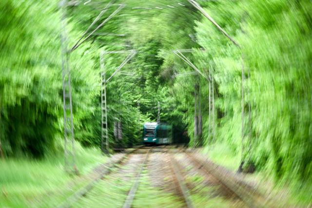 A tram drives through a park in Frankfurt am Main, western Germany, on May 5, 2026 with air temperature reaching 18 degrees Celsius. (Photo by Kirill KUDRYAVTSEV / AFP)