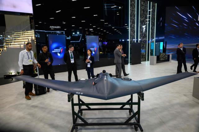 A ''Golge' Tactical Flying Wing is displayed on the stand of Turkish Aerospace Industries (TUSAS) during the opening day of the SAHA EXPO 2024, an International Defence and Aerospace exhibition, in Istanbul on May 5, 2026. (Photo by Yasin AKGUL / AFP)