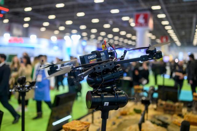 A long-range drone of the company Skydagger is displayed on a stand during the opening day of the SAHA EXPO 2024, an International Defence and Aerospace exhibition, in Istanbul on May 5, 2026. (Photo by Yasin AKGUL / AFP)