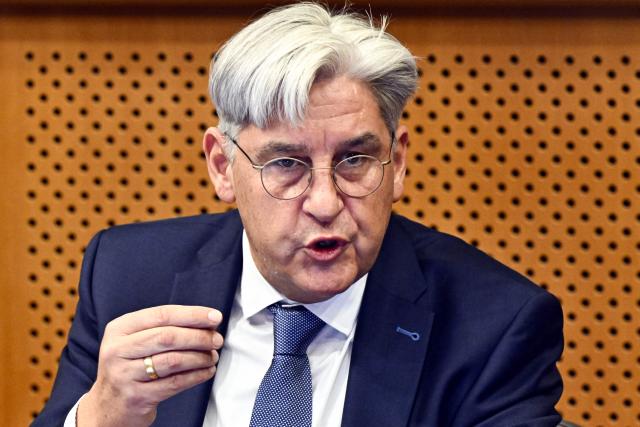 CEO of Belgian News Agency Belga Patrick Lacroix speaks as he takes part in during the 2026 debate of the European Alliance of News Agencies (EANA) hosted by the European Parliament in Brussels on May 5, 2026. (Photo by ERIC LALMAND / Belga / AFP) / Belgium OUT