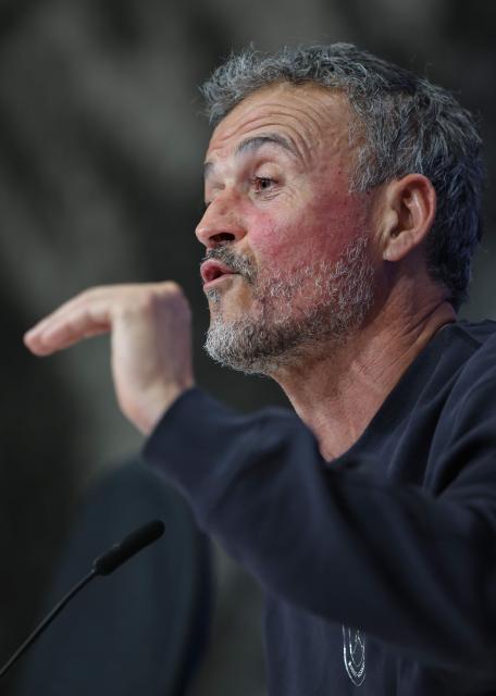 Paris Saint-Germain's Spanish head coach Luis Enrique addresses a press conference at the Allianz Arena in Munich, southern Germany on May 5, 2026, the eve of the UEFA Champions League second-leg, semi-final football match against FC Bayern Munich. (Photo by Alexandra BEIER / AFP)