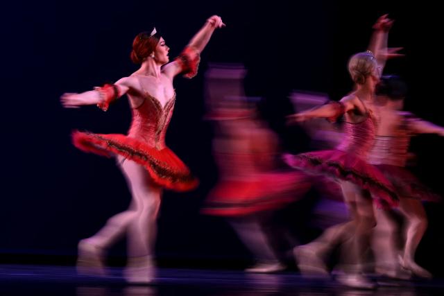 A member of the Les Ballets Trockadero de Monte Carlo, known as 'The Trocks', performs during a dress run for the start of their 50th anniversary UK tour, at the Sadler’s Wells Theatre in central London on May 5, 2026. (Photo by JUSTIN TALLIS / AFP)