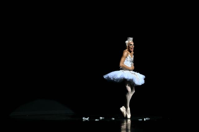 A member of the Les Ballets Trockadero de Monte Carlo, known as 'The Trocks', performs during a dress run for the start of their 50th anniversary UK tour, at the Sadler’s Wells Theatre in central London on May 5, 2026. (Photo by JUSTIN TALLIS / AFP)