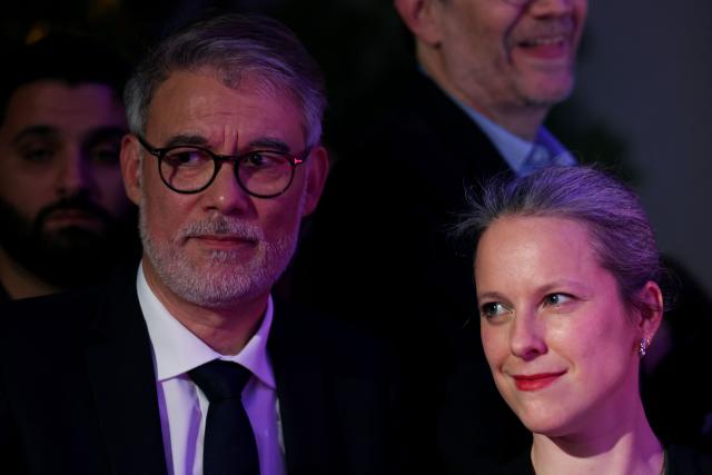 Mayor of Paris' 12th arrondissement Lucie Castets (R) and First Secretary of the French Socialist party (PS) and Socialistes et Apparentes' MP Olivier Faure attend a meeting of the Front Populaire 2027 (Popular Front 2027) initiative, which brings together left-wing parties ahead of France's 2027 Presidential election, in Paris on May 5, 2026. (Photo by Xavier GALIANA / AFP)