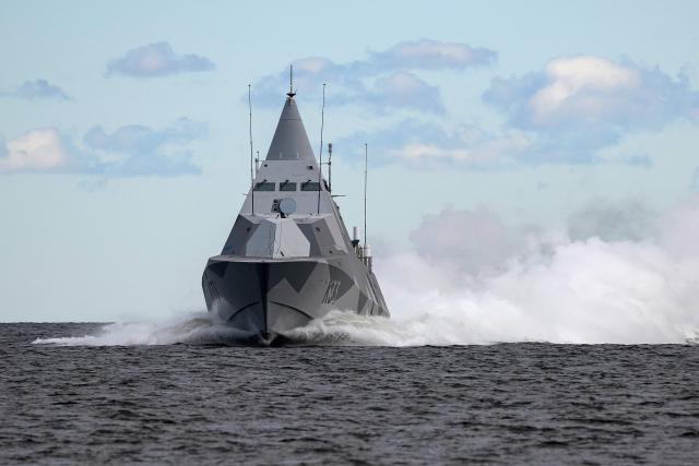 Swedish navy HMS Harnosand (K33), the third Visby-class corvette, operates during the Exercise Aurora 26 at Vaddo Military Training Area in Stockholm, Sweden, on May 5, 2026. (Photo by Henrik Montgomery/TT / various sources / AFP) / Sweden OUT