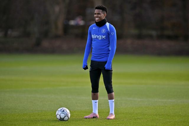 (FILES) Chelsea's Brazilian midfielder #41 Estevao smiles as he takes part in a team training session at the Chelsea training ground in Cobham, west of London on January 20, 2026, on the eve of their UEFA Champions League, league phase football match against Pafos. With the aim of recovering in time for the World Cup, Brazilian winger Estevao is undergoing rehabilitation at Palmeiras’ training ground in Sao Paulo, under the supervision of Chelsea, a source at the Brazilian club told AFP on May 5, 2026. (Photo by Glyn KIRK / AFP)