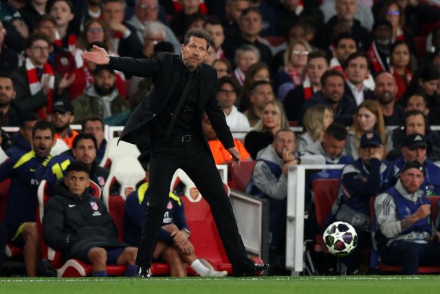 Atletico Madrid's Argentinian coach Diego Simeone gestures during the UEFA Champions League second-leg semi-final football match between Arsenal and Atletico Madrid at the Emirates Stadium in north London on May 5, 2026. (Photo by Adrian Dennis / AFP)