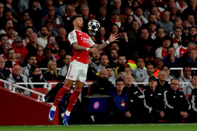 Arsenal's English defender #04 Ben White controls the ball during the UEFA Champions League second-leg semi-final football match between Arsenal and Atletico Madrid at the Emirates Stadium in north London on May 5, 2026. (Photo by Adrian Dennis / AFP)