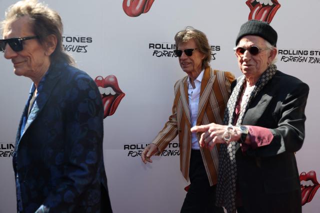 British musicians and members of The Rolling Stones, Ronnie Wood, Mick Jagger and Keith Richards arrive for "The Rolling Stones: In Conversation with Conan O'Brien" at Weylin in Brooklyn, New York on May 5, 2026. The Rolling Stones will release a new album on July 10 named "Foreign Tongues", the legendary British rockers announced on May 5. (Photo by TIMOTHY A. CLARY / AFP)