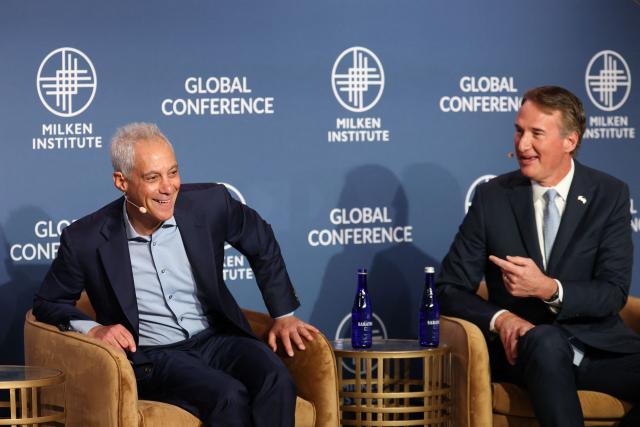 Former Governor of Virginia Glenn Youngkin (R) and former Mayor of Chicago Rahm Emanuel  speak during the 29th annual Milken Institute Global Conference at the Beverly Hilton in Beverly Hills, California on May 5, 2026. (Photo by Patrick T. Fallon / AFP)