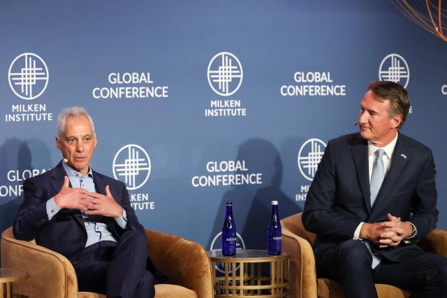 Former Governor of Virginia Glenn Youngkin (R) and former Mayor of Chicago Rahm Emanuel  speak during the 29th annual Milken Institute Global Conference at the Beverly Hilton in Beverly Hills, California on May 5, 2026. (Photo by Patrick T. Fallon / AFP)