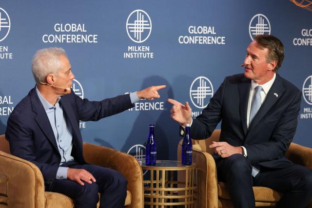 Former Governor of Virginia Glenn Youngkin (R) and former Mayor of Chicago Rahm Emanuel  speak during the 29th annual Milken Institute Global Conference at the Beverly Hilton in Beverly Hills, California on May 5, 2026. (Photo by Patrick T. Fallon / AFP)