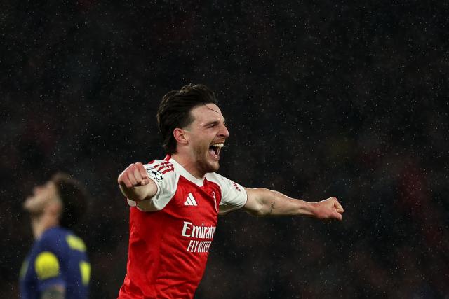 Arsenal's English midfielder #41 Declan Rice celebrates winning the UEFA Champions League second-leg semi-final football match between Arsenal and Atletico Madrid at the Emirates Stadium in north London on May 5, 2026. (Photo by Adrian Dennis / AFP)