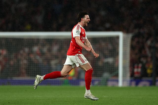 Arsenal's English midfielder #41 Declan Rice celebrates winning the UEFA Champions League second-leg semi-final football match between Arsenal and Atletico Madrid at the Emirates Stadium in north London on May 5, 2026. (Photo by Adrian Dennis / AFP)