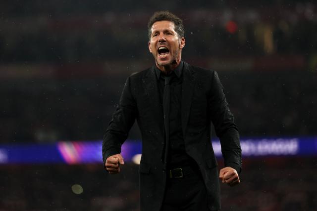 Atletico Madrid's Argentinian coach Diego Simeone reacts with the fans following the UEFA Champions League second-leg semi-final football match between Arsenal and Atletico Madrid at the Emirates Stadium in north London on May 5, 2026. (Photo by Adrian Dennis / AFP)