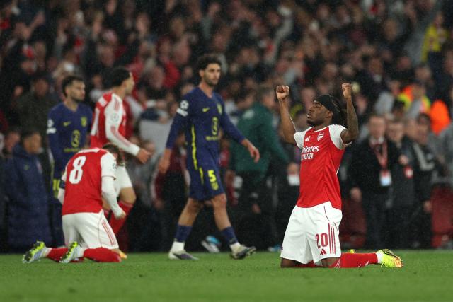 Arsenal's English midfielder #20 Noni Madueke celebrates winning the UEFA Champions League second-leg semi-final football match between Arsenal and Atletico Madrid at the Emirates Stadium in north London on May 5, 2026. (Photo by Adrian Dennis / AFP)