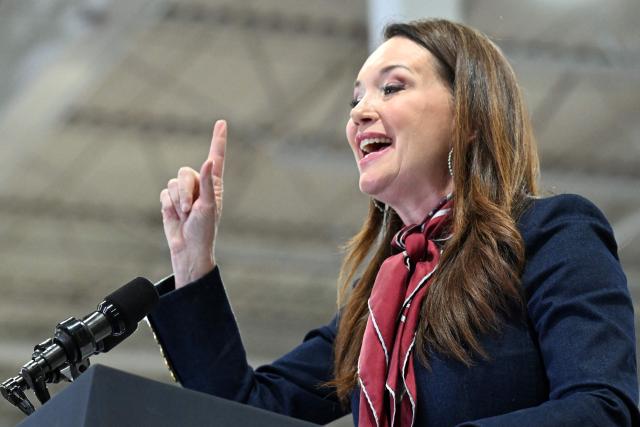US Secretary of Agriculture Brooke Rollins speaks at an event with US Vice President JD Vance and US Representative Zach Nunn, Republican from Iowa, at Ex-Guard Industries, a manufacturing facility in Des Moines, Iowa, on May 5, 2026. Vance is attending the event to support Republican Representative Zach Nunn ahead of the state's June 2 primary election. (Photo by Roberto Schmidt / POOL / AFP)