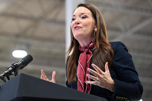 US Secretary of Agriculture Brooke Rollins speaks at an event with US Vice President JD Vance and US Representative Zach Nunn, Republican from Iowa, at Ex-Guard Industries, a manufacturing facility in Des Moines, Iowa, on May 5, 2026. Vance is attending the event to support Republican Representative Zach Nunn ahead of the state's June 2 primary election. (Photo by Roberto Schmidt / POOL / AFP)