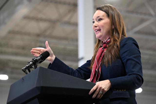 US Secretary of Agriculture Brooke Rollins speaks at an event with US Vice President JD Vance and US Representative Zach Nunn, Republican from Iowa, at Ex-Guard Industries, a manufacturing facility in Des Moines, Iowa, on May 5, 2026. Vance is attending the event to support Republican Representative Zach Nunn ahead of the state's June 2 primary election. (Photo by Roberto Schmidt / POOL / AFP)