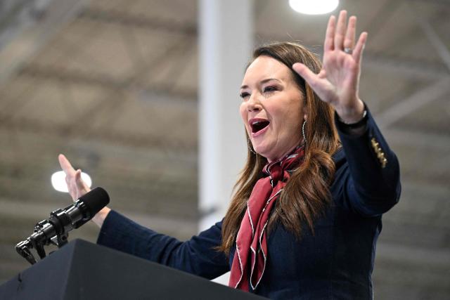 US Secretary of Agriculture Brooke Rollins speaks at an event with US Vice President JD Vance and US Representative Zach Nunn, Republican from Iowa, at Ex-Guard Industries, a manufacturing facility in Des Moines, Iowa, on May 5, 2026. Vance is attending the event to support Republican Representative Zach Nunn ahead of the state's June 2 primary election. (Photo by Roberto Schmidt / POOL / AFP)