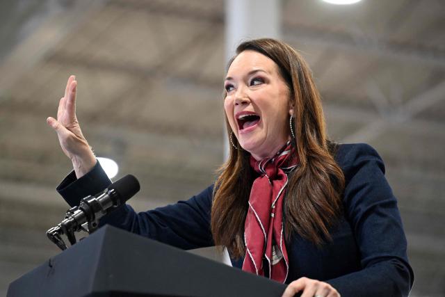 US Secretary of Agriculture Brooke Rollins speaks at an event with US Vice President JD Vance and US Representative Zach Nunn, Republican from Iowa, at Ex-Guard Industries, a manufacturing facility in Des Moines, Iowa, on May 5, 2026. Vance is attending the event to support Republican Representative Zach Nunn ahead of the state's June 2 primary election. (Photo by Roberto Schmidt / POOL / AFP)