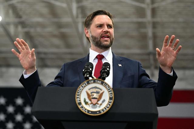 US Vice President JD Vance speaks during an event in support of US Representative Zach Nunn, Republican from Iowa, at Ex-Guard Industries, a manufacturing facility in Des Moines, Iowa, on May 5, 2026. JD Vance is in Iowa to support Nunn ahead of the state's June 2 primary election. (Photo by Roberto Schmidt / POOL / AFP)