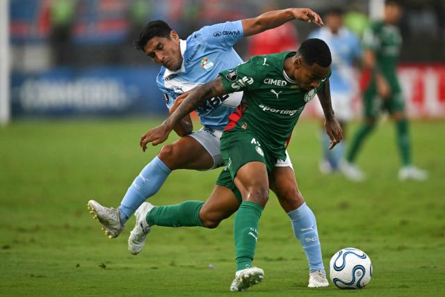 Sporting Cristal's forward #11 Irven Avila and Palmeiras' forward #40 Allan fight for the ball during the Copa Libertadores group stage football match between Peru's Sporting Cristal and Brazil's Palmeiras at the Nacional stadium in Lima on May 5, 2026. (Photo by ERNESTO BENAVIDES / AFP)