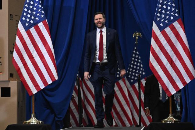 US Vice President JD Vance takes the stage during an event in support of US Representative Zach Nunn, Republican from Iowa, at Ex-Guard Industries, a manufacturing facility in Des Moines, Iowa, on May 5, 2026. JD Vance is in Iowa to support Nunn ahead of the state's June 2 primary election. (Photo by Roberto Schmidt / POOL / AFP)