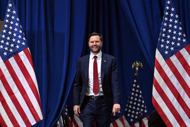 US Vice President JD Vance takes the stage during an event in support of US Representative Zach Nunn, Republican from Iowa, at Ex-Guard Industries, a manufacturing facility in Des Moines, Iowa, on May 5, 2026. JD Vance is in Iowa to support Nunn ahead of the state's June 2 primary election. (Photo by Roberto Schmidt / POOL / AFP)