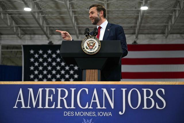 US Vice President JD Vance speaks during an event in support of US Representative Zach Nunn, Republican from Iowa, at Ex-Guard Industries, a manufacturing facility in Des Moines, Iowa, on May 5, 2026. JD Vance is in Iowa to support Nunn ahead of the state's June 2 primary election. (Photo by Roberto Schmidt / POOL / AFP)