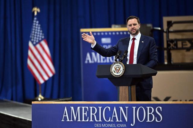 US Vice President JD Vance speaks during an event in support of US Representative Zach Nunn, Republican from Iowa, at Ex-Guard Industries, a manufacturing facility in Des Moines, Iowa, on May 5, 2026. JD Vance is in Iowa to support Nunn ahead of the state's June 2 primary election. (Photo by Roberto Schmidt / POOL / AFP)