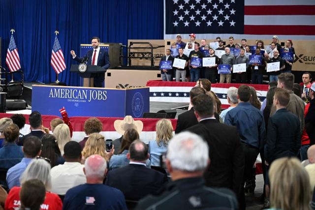 US Vice President JD Vance speaks during an event in support of US Representative Zach Nunn, Republican from Iowa, at Ex-Guard Industries, a manufacturing facility in Des Moines, Iowa, on May 5, 2026. JD Vance is in Iowa to support Nunn ahead of the state's June 2 primary election. (Photo by Roberto Schmidt / POOL / AFP)