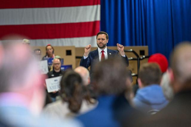 US Vice President JD Vance speaks during an event in support of US Representative Zach Nunn, Republican from Iowa, at Ex-Guard Industries, a manufacturing facility in Des Moines, Iowa, on May 5, 2026. JD Vance is in Iowa to support Nunn ahead of the state's June 2 primary election. (Photo by Roberto Schmidt / POOL / AFP)
