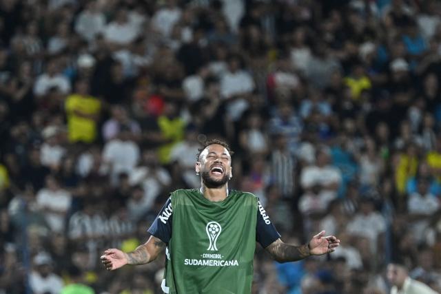 Santos' forward #10 Neymar reacts ahead of the Copa Sudamericana group stage football match between Paraguay's Deportivo Recoleta and Brazil's Santos at the Rio Parapiti stadium in Pedro Juan Caballero, Paraguay, on May 5, 2026. (Photo by Daniel DUARTE / AFP)