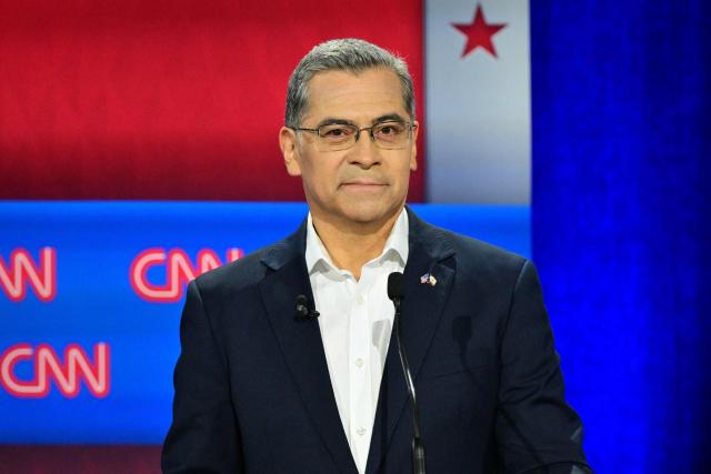 Democratic candidate Xavier Becerra participates in a California gubernatorial debate at the East Los Angeles College Auditorium in Monterey Park, California, on May 5, 2026. Seven candidates for California governor are participating in the third televised debate, ahead of the June 2, 2026 primary elections. (Photo by Frederic J. Brown / AFP)