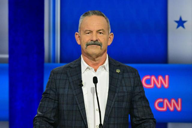 Republican candidate Chad Bianco participates in a California gubernatorial debate at the East Los Angeles College Auditorium in Monterey Park, California, on May 5, 2026. Seven candidates for California governor are participating in the third televised debate, ahead of the June 2, 2026 primary elections. (Photo by Frederic J. Brown / AFP)