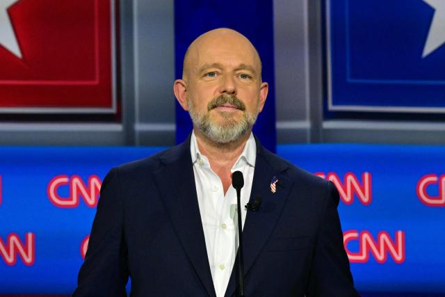 Republican candidate Steve Hilton participates in a California gubernatorial debate at the East Los Angeles College Auditorium in Monterey Park, California, on May 5, 2026. Seven candidates for California governor are participating in the third televised debate, ahead of the June 2, 2026 primary elections. (Photo by Frederic J. Brown / AFP)