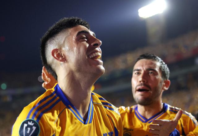 Tigres' Argentine midfielder #11 Juan Brunetta celebrates after scoring the opening goal during the CONCACAF Champions Cup semifinal second leg football match between Mexico's Tigres and US' Nashville SC at Universitario de la UANL stadium in San Nicolas de los Garza, Nuevo Leon state, Mexico, on May 5, 2026. (Photo by Julio Cesar AGUILAR / AFP)