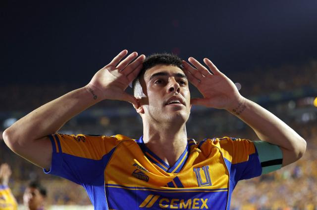Tigres' Argentine midfielder #11 Juan Brunetta celebrates after scoring the opening goal during the CONCACAF Champions Cup semifinal second leg football match between Mexico's Tigres and US' Nashville SC at Universitario de la UANL stadium in San Nicolas de los Garza, Nuevo Leon state, Mexico, on May 5, 2026. (Photo by Julio Cesar AGUILAR / AFP)