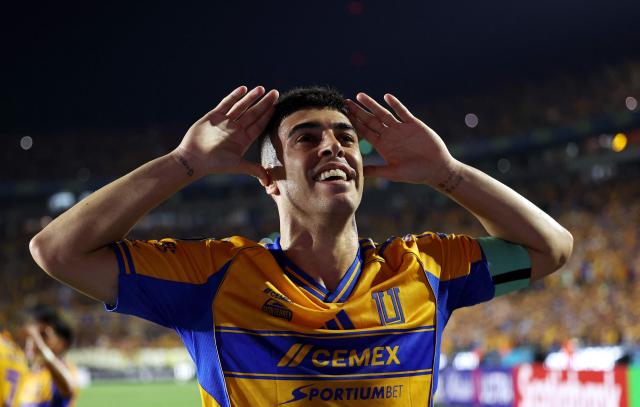 Tigres' Argentine midfielder #11 Juan Brunetta celebrates after scoring the opening goal during the CONCACAF Champions Cup semifinal second leg football match between Mexico's Tigres and US' Nashville SC at Universitario de la UANL stadium in San Nicolas de los Garza, Nuevo Leon state, Mexico, on May 5, 2026. (Photo by Julio Cesar AGUILAR / AFP)